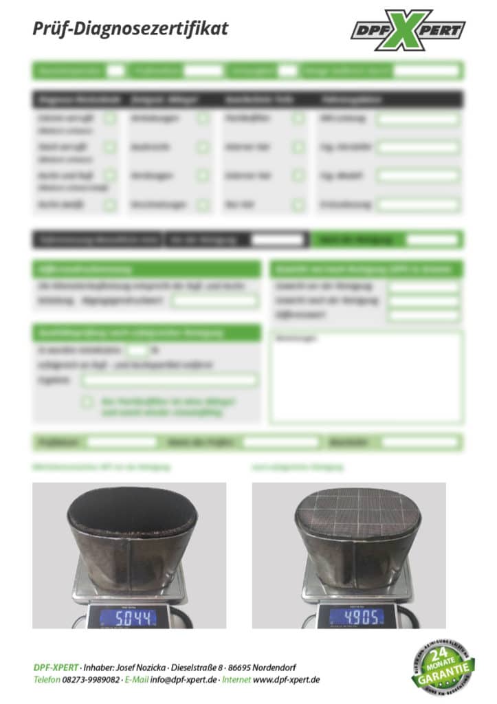 Prüf-Zertifikat für die DPF Reinigung eines BMW X3